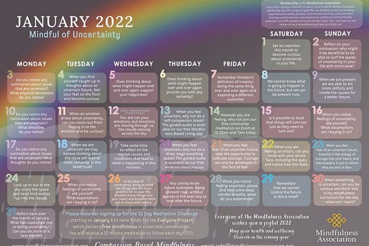 Free january Mindfulness calendar
